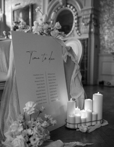 A black and white images of a wedding seating chart