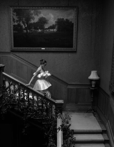 A black and white image of a bride at Birdsall House.
