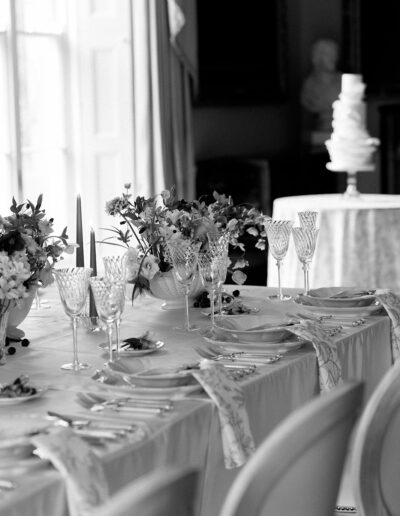 A black and white image of a place setting at Birdsall House