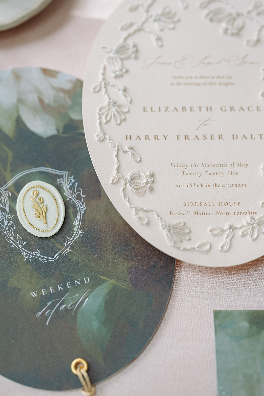Birdsall House A colour image of beautiful hand embroidered wedding stationery by Soiree Studio.