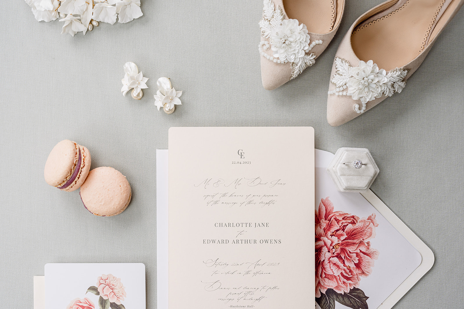 A colour image of a floral wedding invitation suite by Soiree Studio.