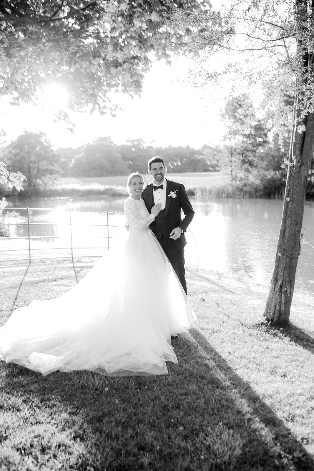 Amy and Jack A black and white portrait image of a bride and groom after their marquee wedding ceremony in Cheshire.