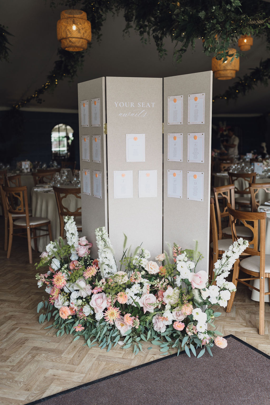 marquee-wedding-floristry-styling-table-plan-shropshire A colour image of a bespoke table plan for a summer marquee wedding in Shropshire.