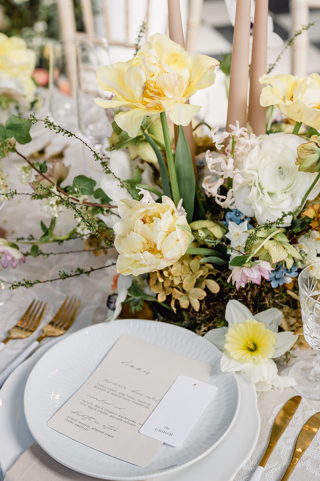 A colour image of spring wedding table ideas at Hawkstone Hall Shropshire.