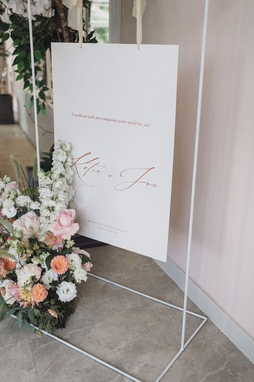 summer-marquee-wedding-signage-by-soiree-studio-wedding-planning A colour image of an elegant welcome sign with summer flowers for a marquee wedding in Shropshire.