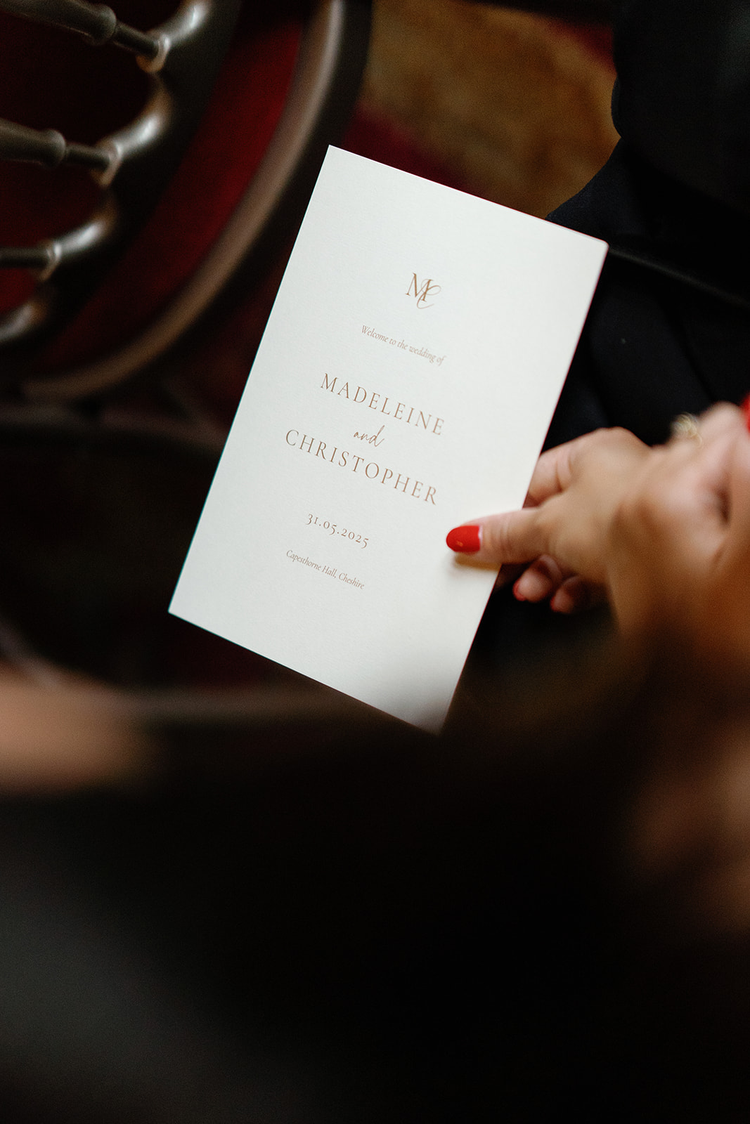 Madeleine & Chris A colour image of an order of service booklet designed and produced by Soiree Studio for a Marquee Wedding in Cheshire.