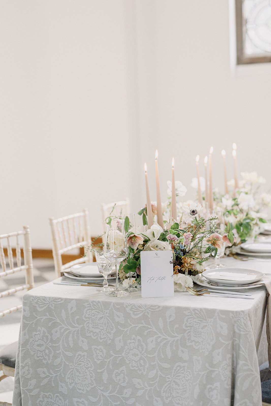 A colour image of elegant spring flowers styled for a wedding at Hawkstone Hall.