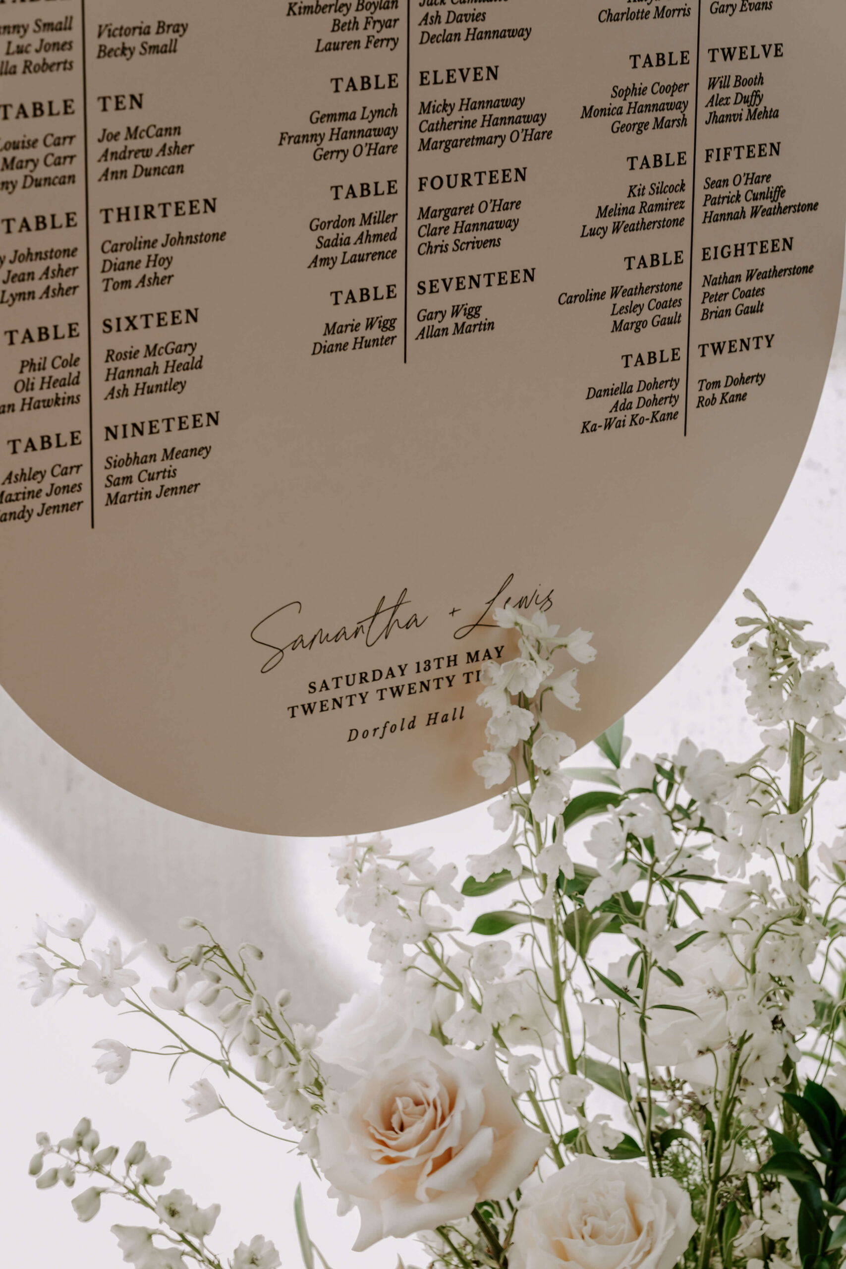 wedding-welcome-sign-by-soiree-studio-wedding-planning A colour image of a blush coloured wedding table plan in an arch style with blush florals.