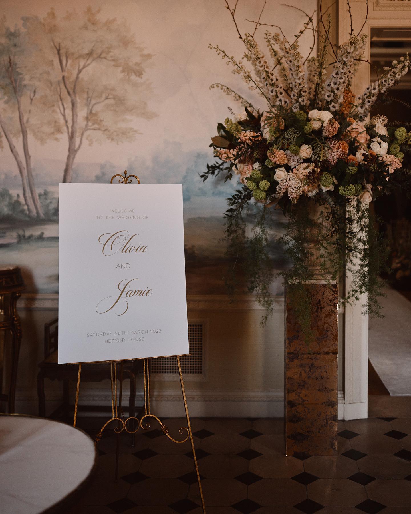 A colour image of a wedding welcome sign at Hedsor House in Bucks.