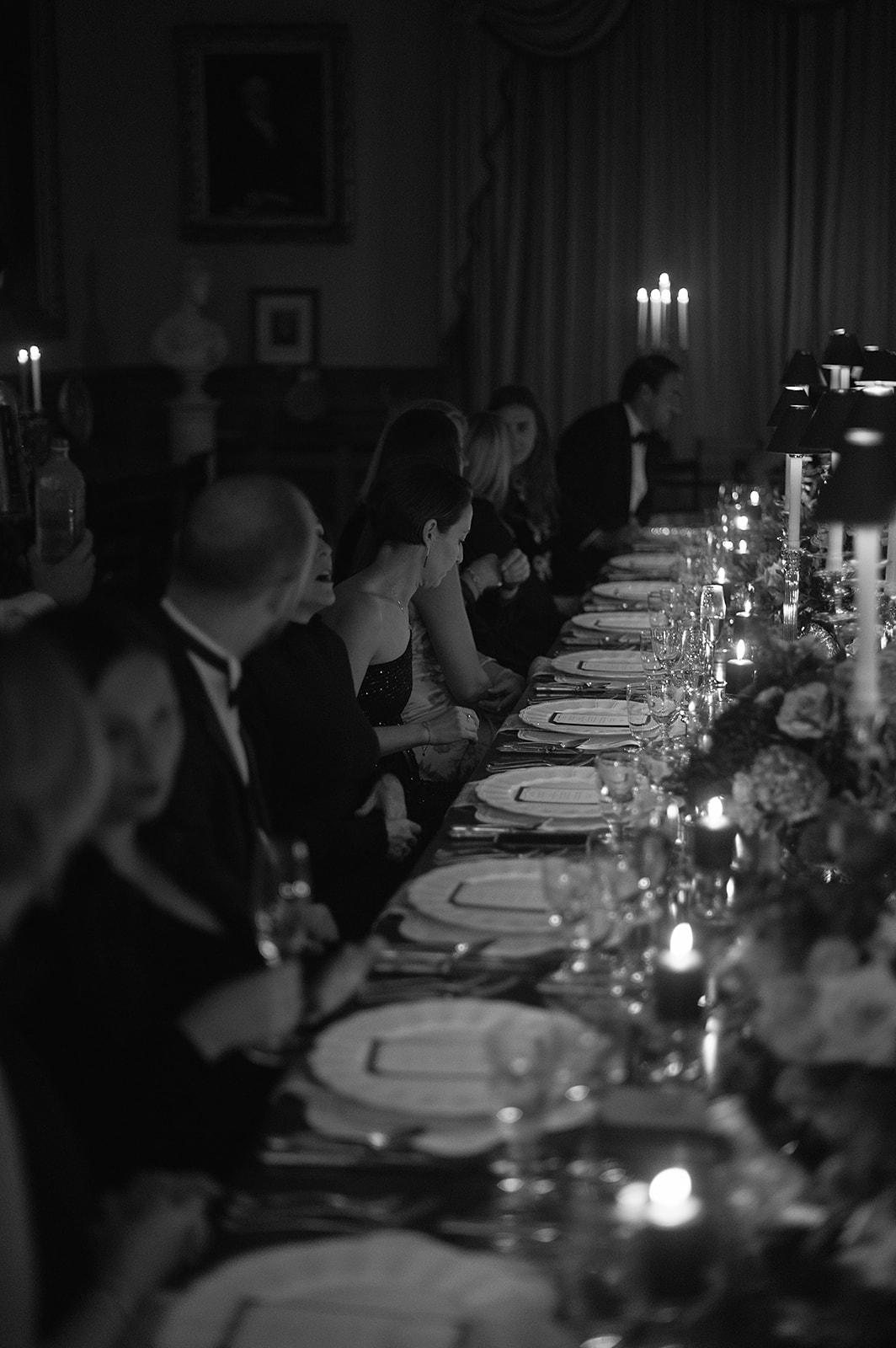 A colour image of the dining table at Birdsall House wedding venue - planned by wedding planner Soiree Studio.
