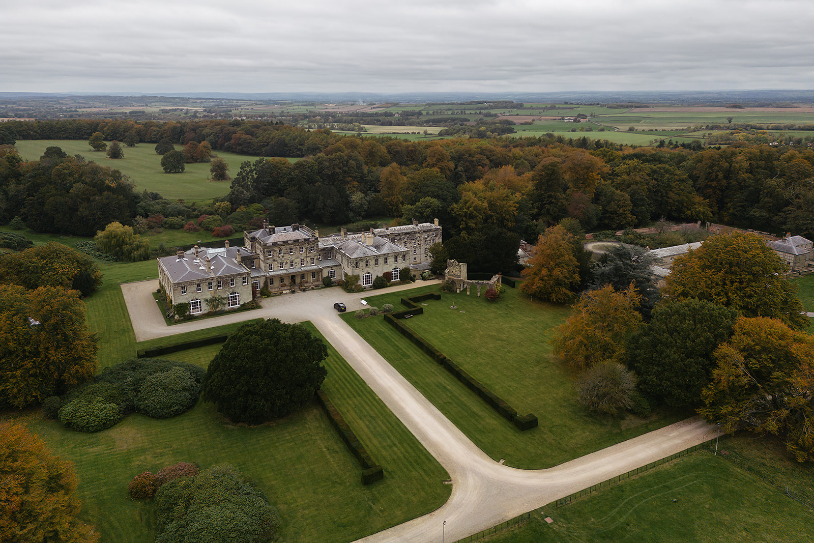 Birdsall House - birds eye view of the exclusive use UK wedding venue.