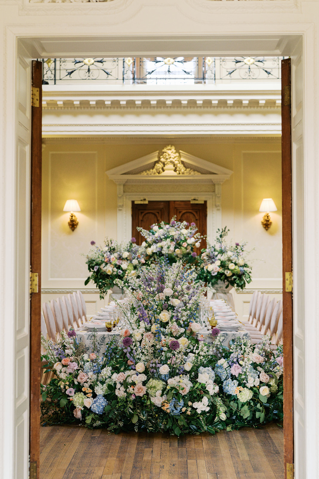 An image of a wedding table designed by Soiree Studio at Palé Hall in Wales, an exclusive use wedding venue in the UK.